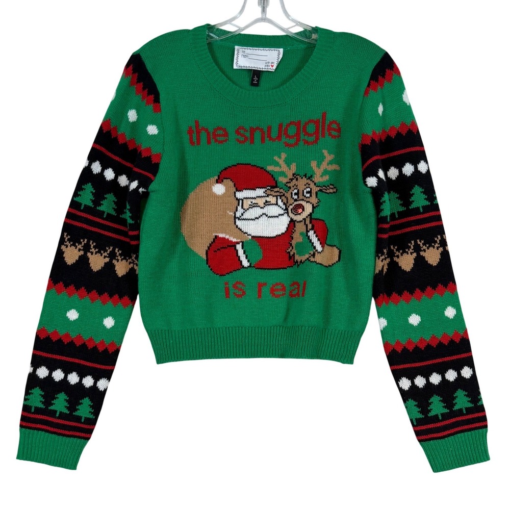 Womens‎ The Snuggle Is Real Santa Reindeer Ugly Christmas Sweater •L• Kitschy